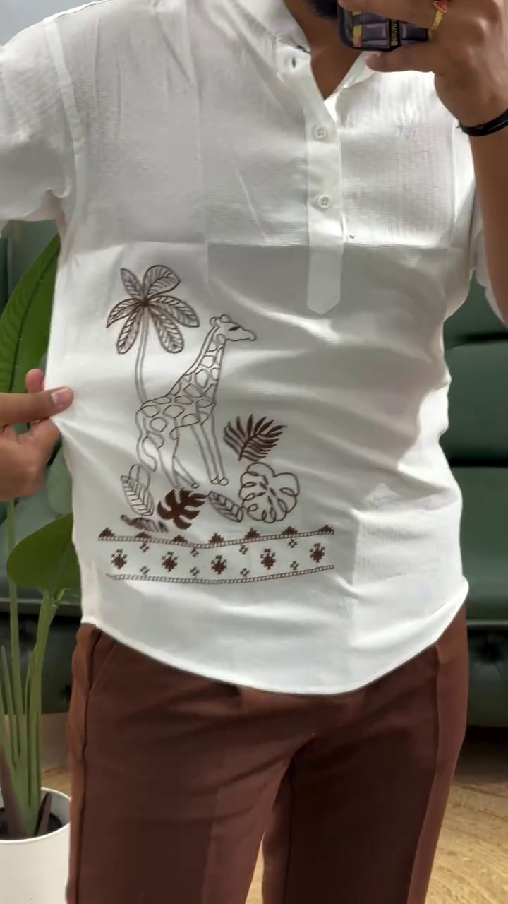 🦒 Urban Safari Embroidered Kurta Shirt – Modern Ethnic Fusion for Men 🌴