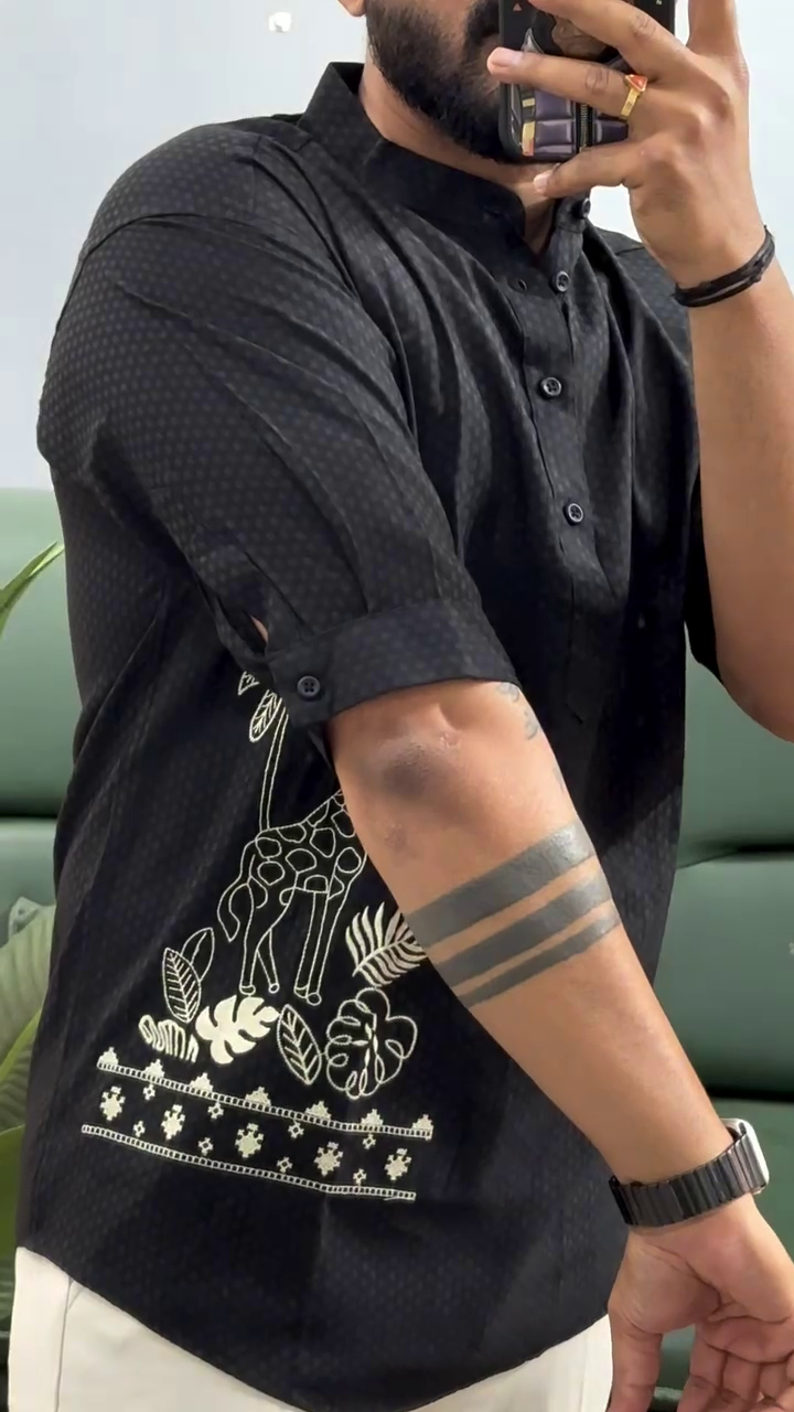 🦒 Urban Safari Embroidered Kurta Shirt – Modern Ethnic Fusion for Men 🌴