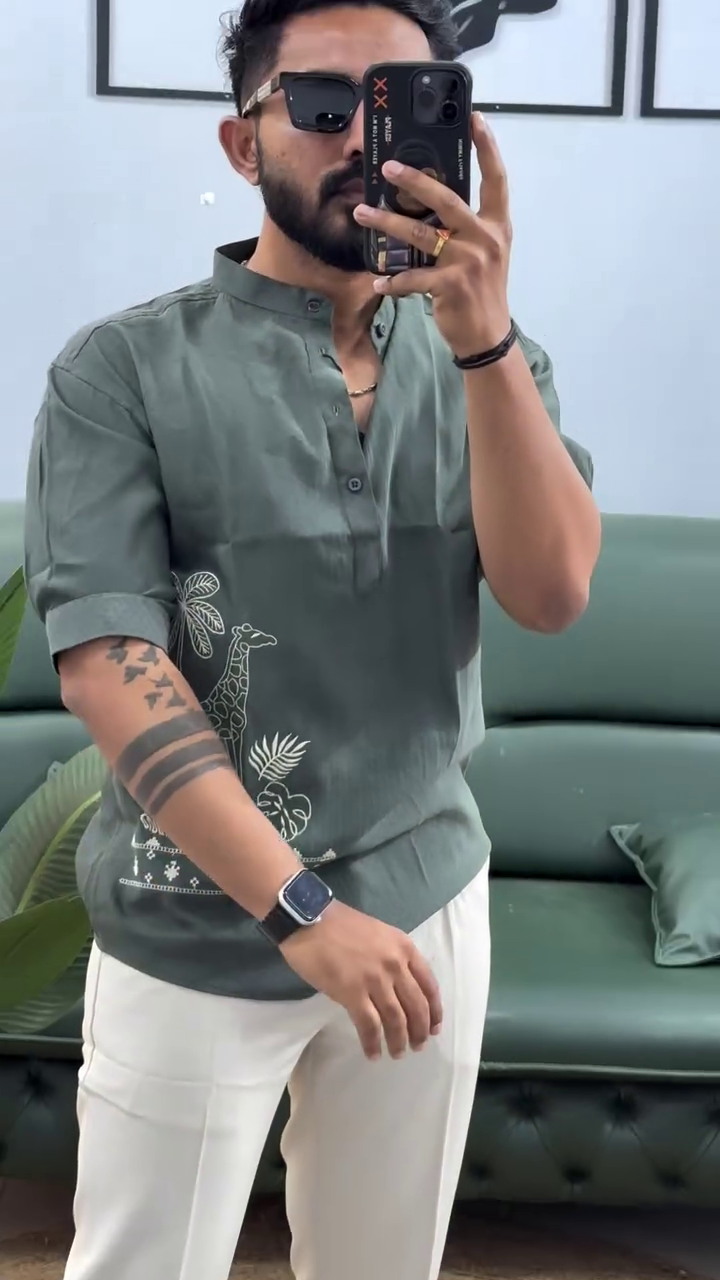 🦒 Urban Safari Embroidered Kurta Shirt – Modern Ethnic Fusion for Men 🌴