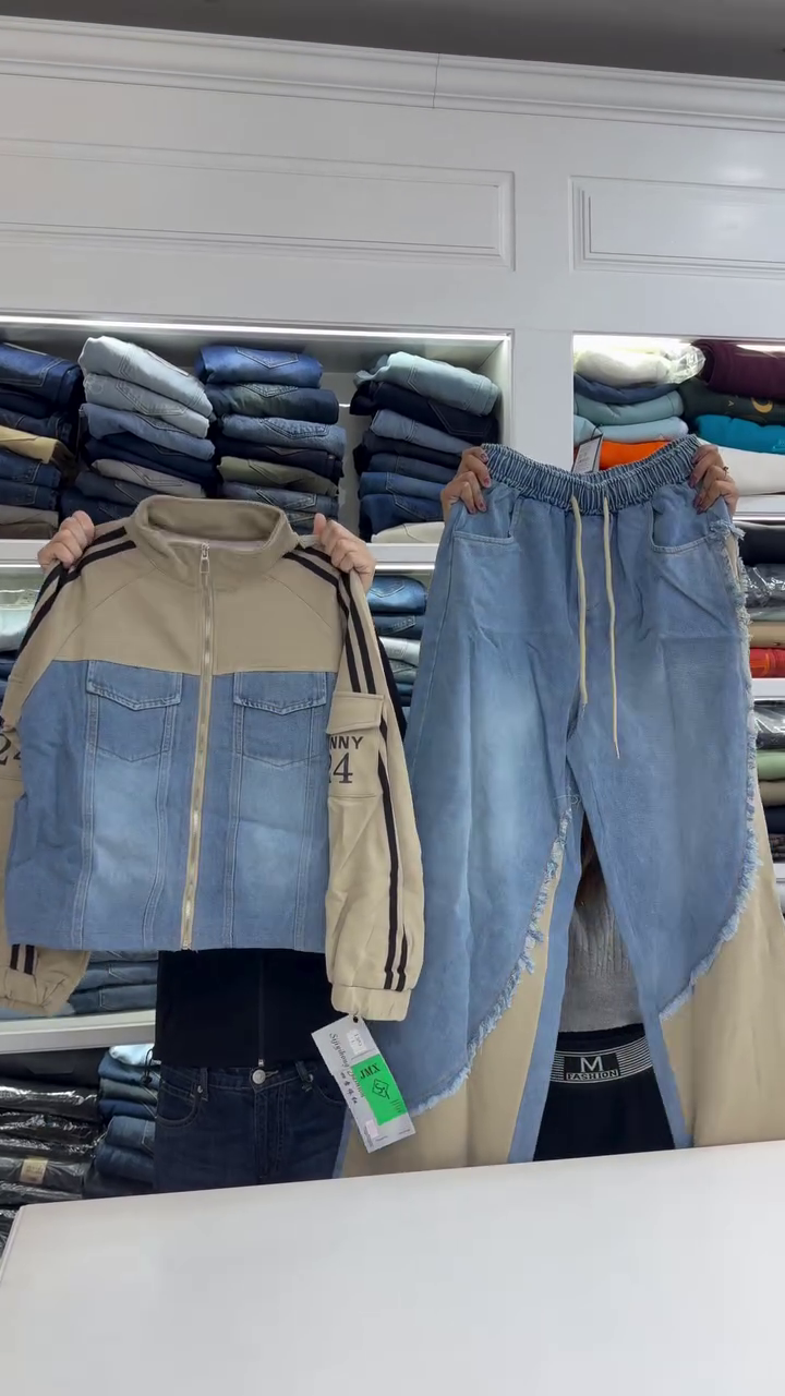 🖤 Premium Black Denim-Panel Jacket & Jogger Co-ord Set