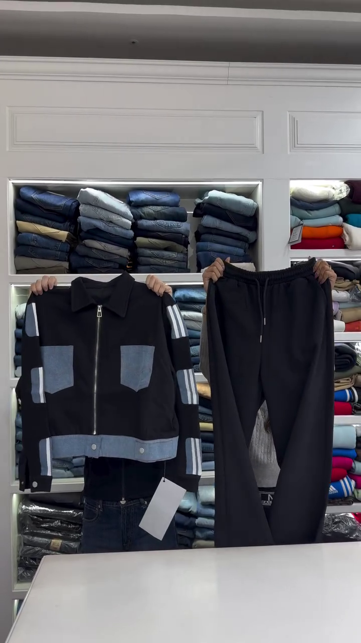 🖤 Premium Black Denim-Panel Jacket & Jogger Co-ord Set