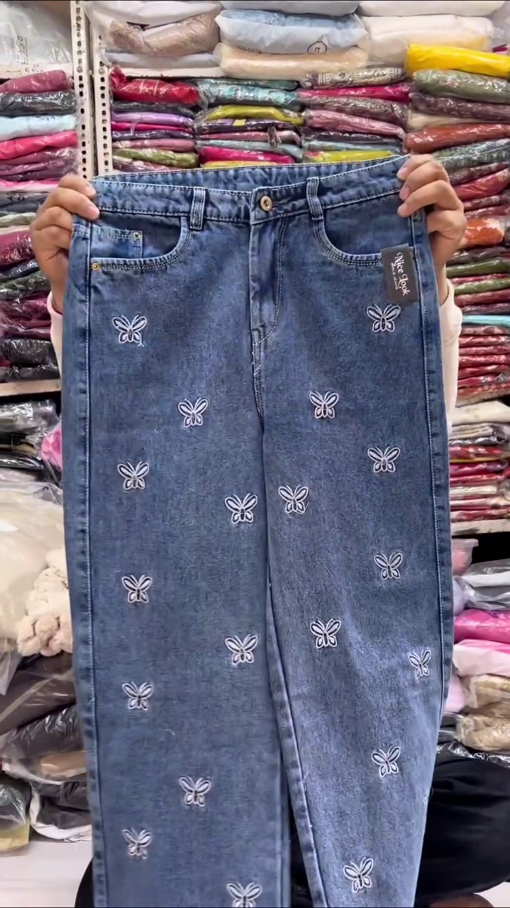 Women’s Premium Butterfly Embroidered Denim Jeans | Cute Aesthetic Streetwear Fit