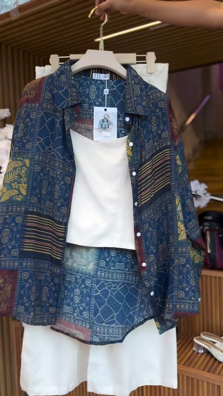 Indigo Patchwork Elegance – Women’s Printed Shirt Co-Ord Set