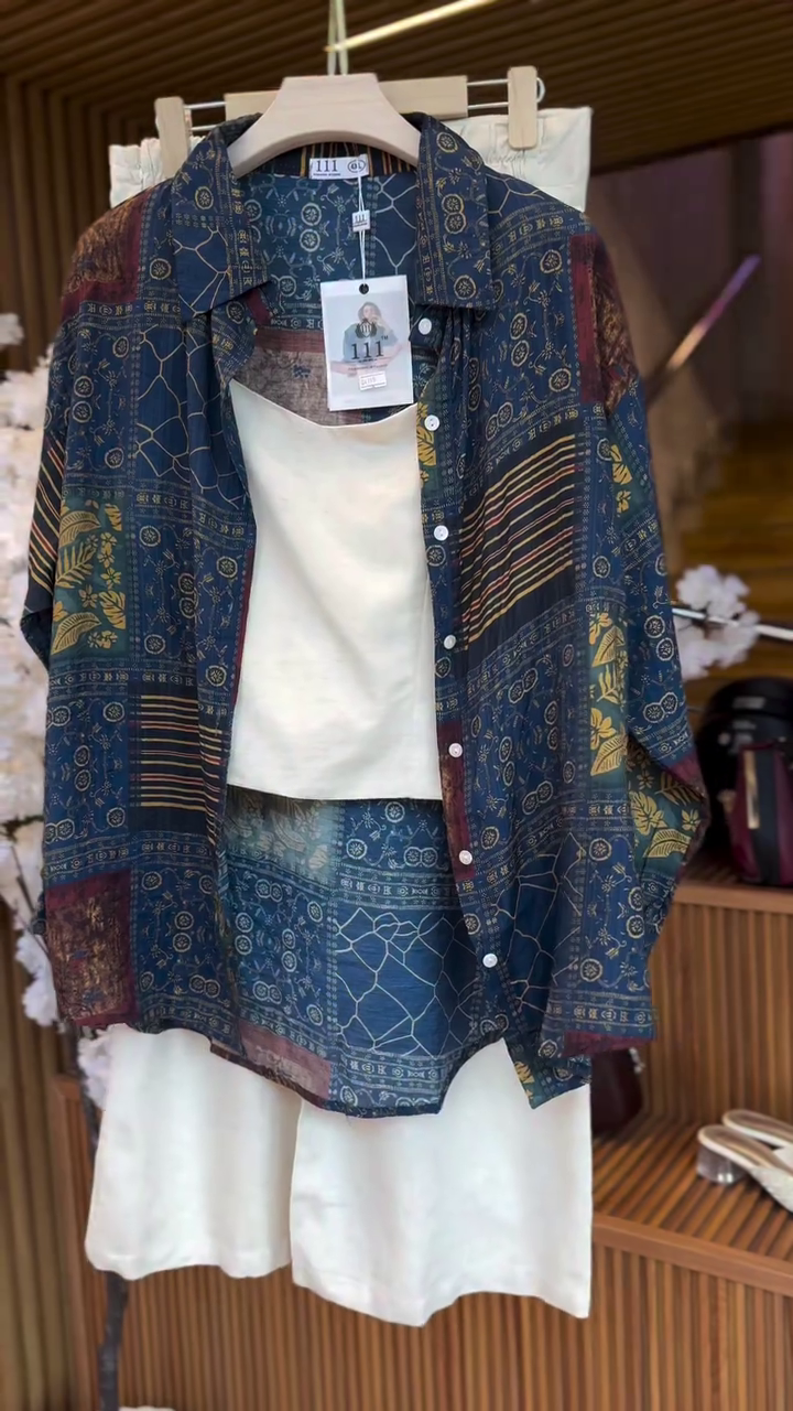 Indigo Patchwork Elegance – Women’s Printed Shirt Co-Ord Set