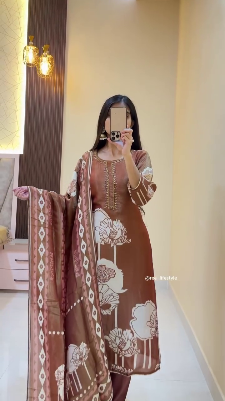 Elegant Brown Floral Ethnic Suit with Dupatta