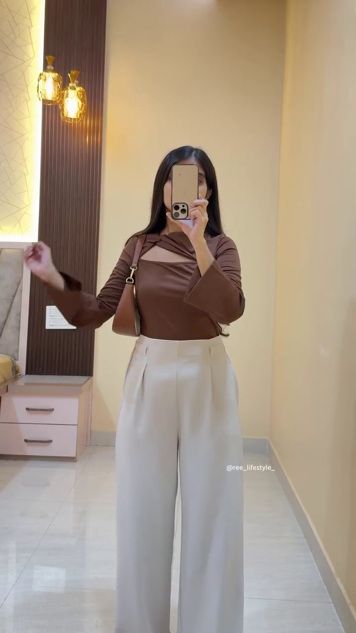 Soft Mauve Top with Cream Wide-Leg Trousers