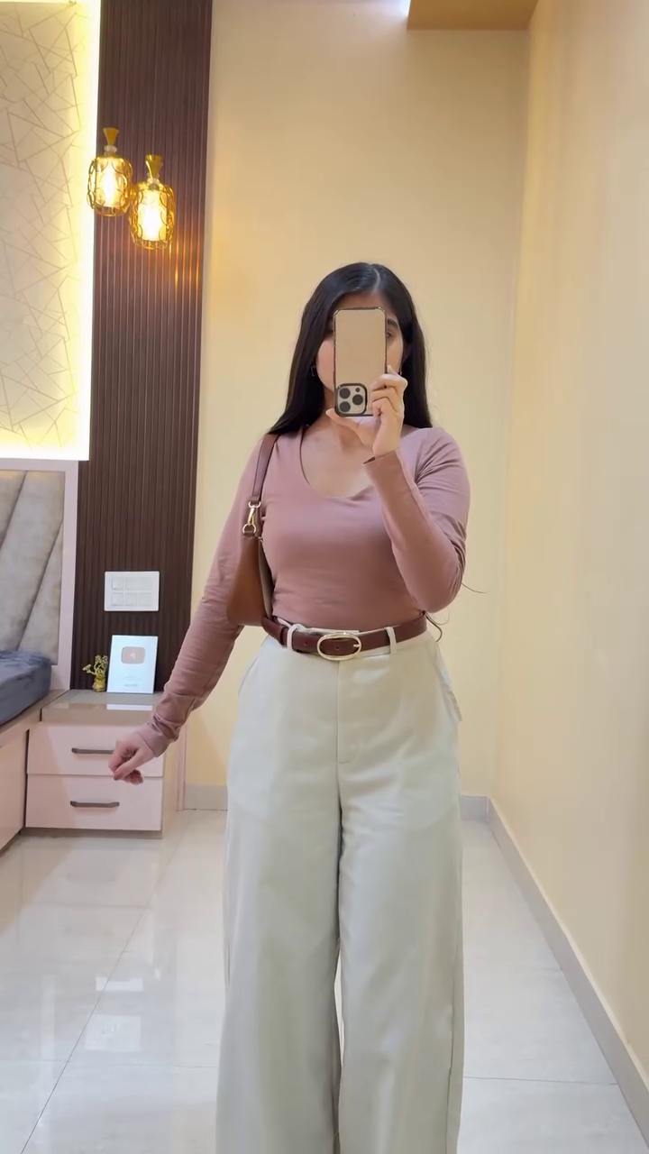Soft Mauve Top with Cream Wide-Leg Trousers