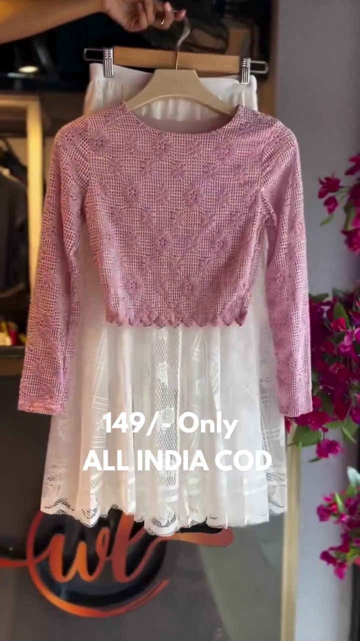 Pink Lace Top with White Flared Skirt