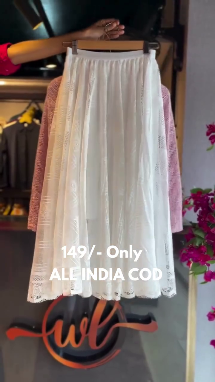 Pink Lace Top with White Flared Skirt