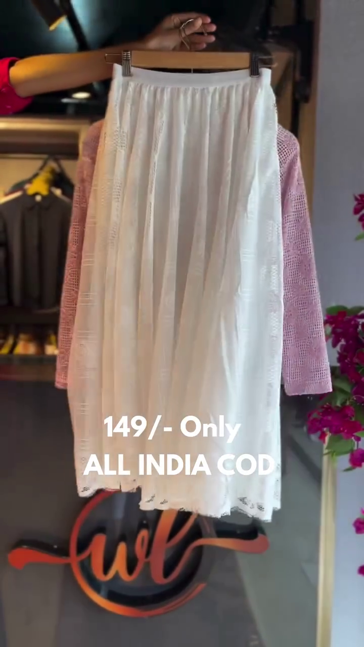 Pink Lace Top with White Flared Skirt