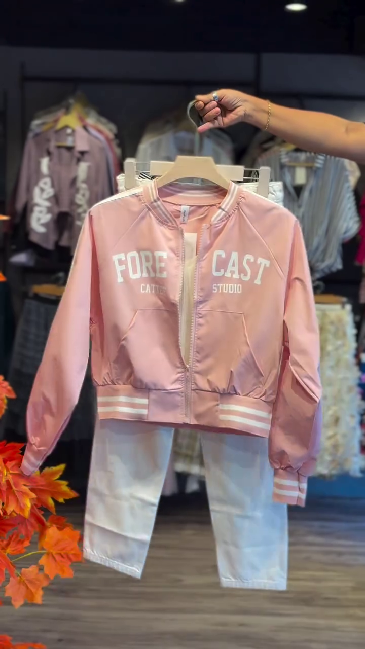 Pink Casual Jacket with White Pants