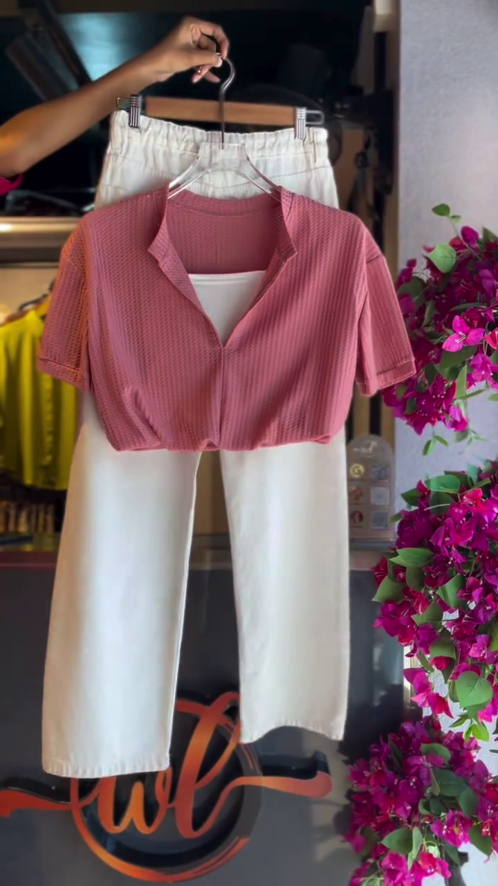 Textured Pink Top with White Wide-Leg Pants