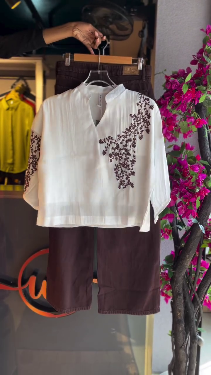 White Embroidered Top with Brown Shorts
