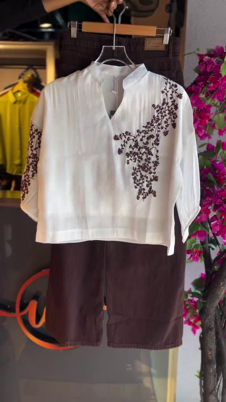 White Embroidered Top with Brown Shorts