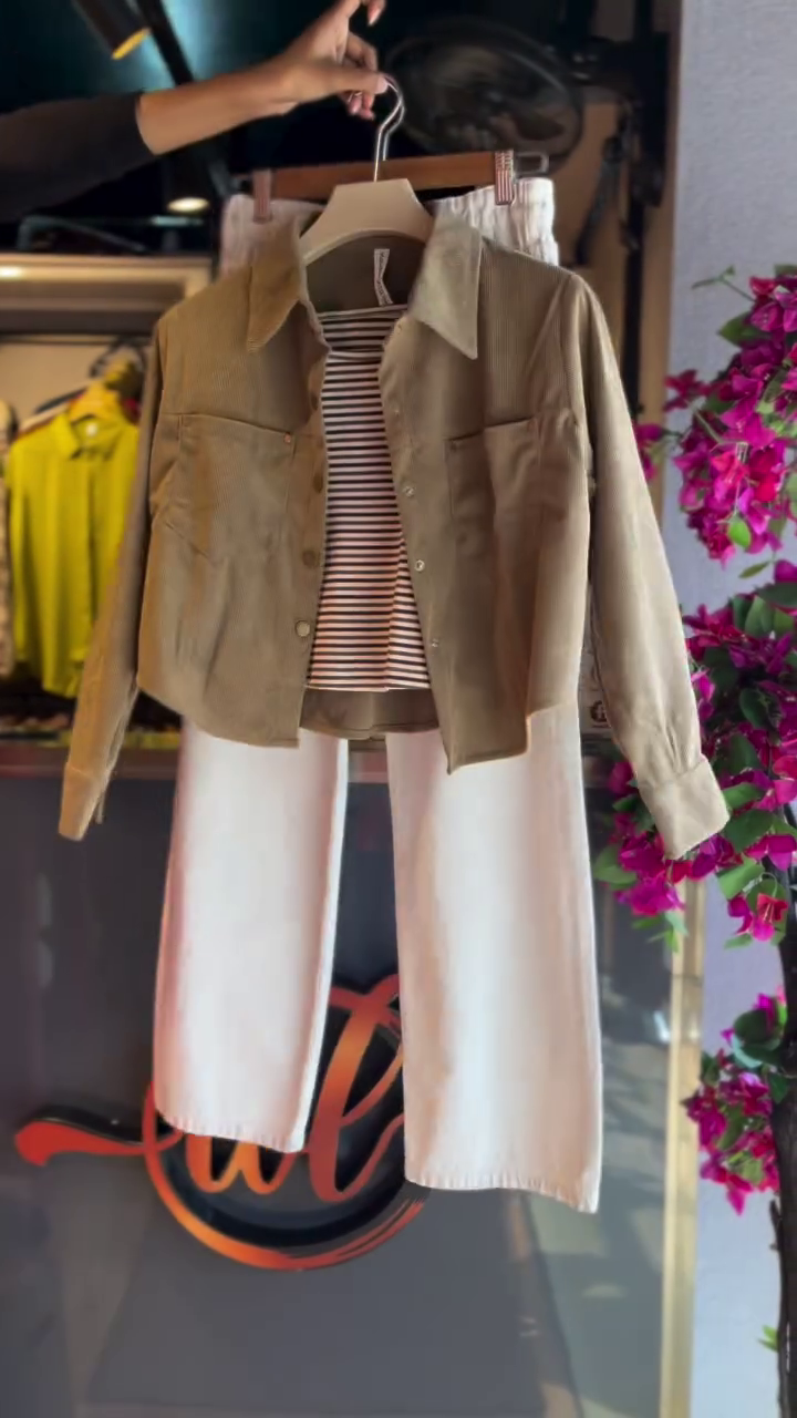 Olive Jacket with Striped Top and White Pants