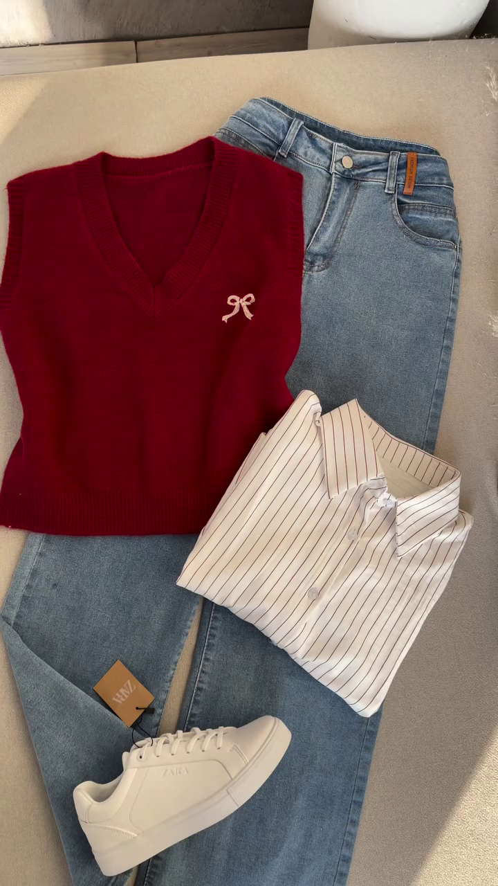 Red Sweater Vest with Striped Shirt & Jeans