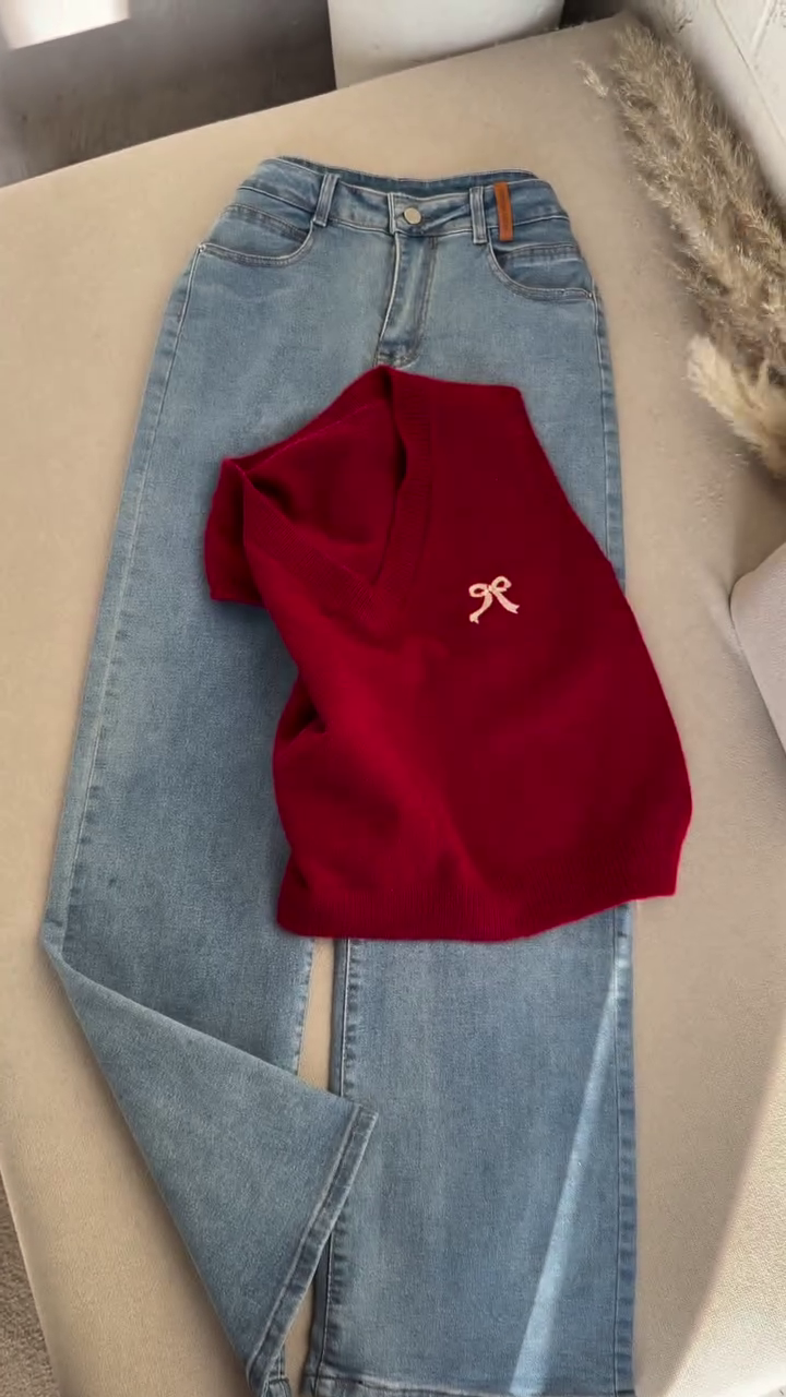 Red Sweater Vest with Striped Shirt & Jeans