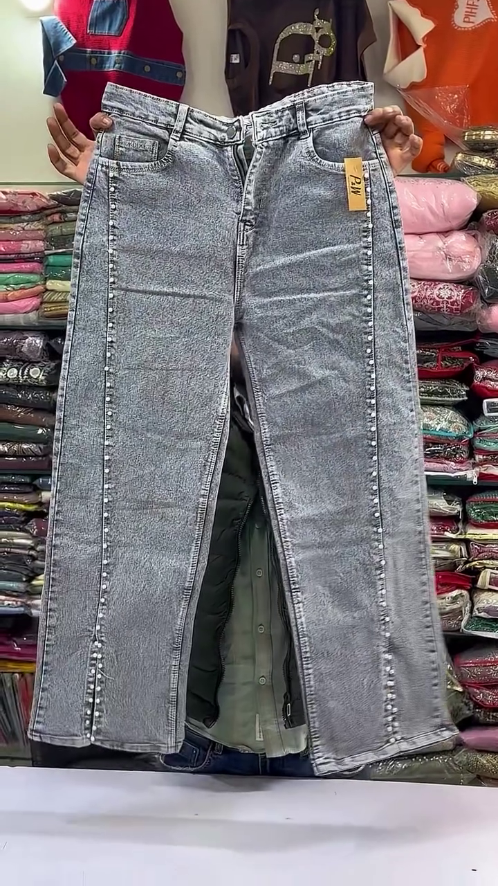 Edgy Grey Acid Wash Wide-Leg Jeans with Stud Detailing