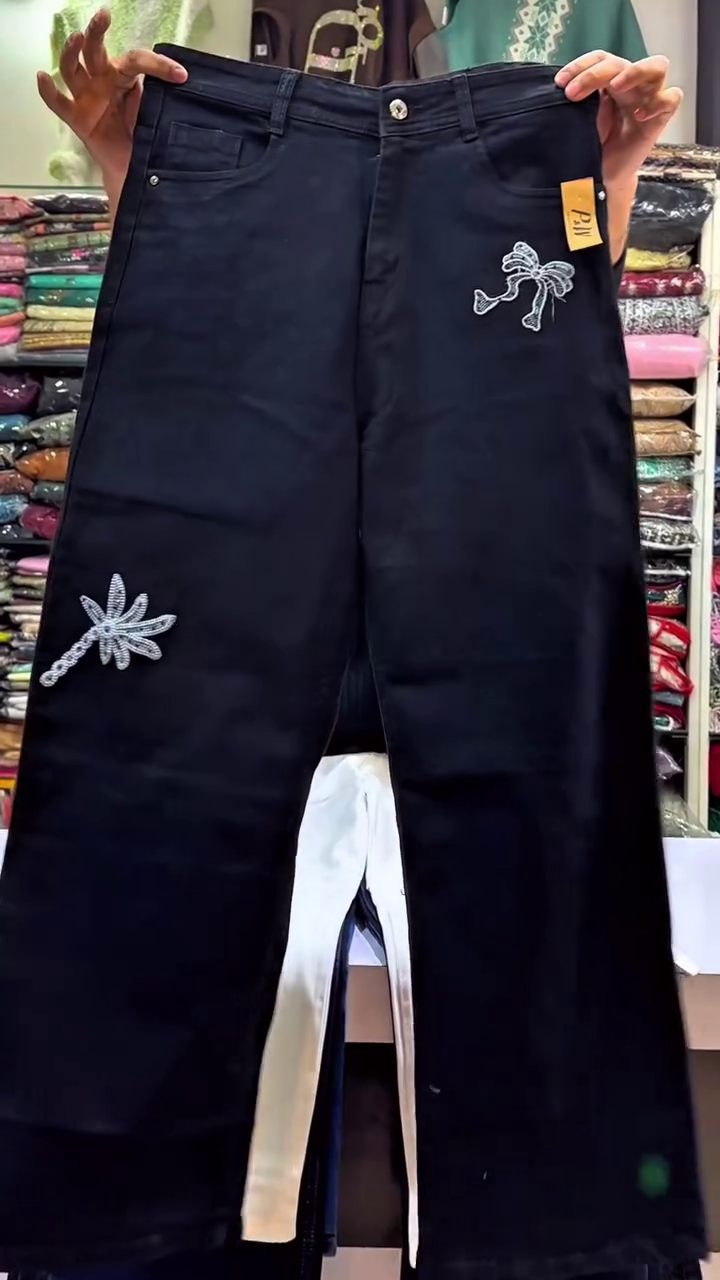 Black Wide-Leg Jeans with Embroidered Motifs