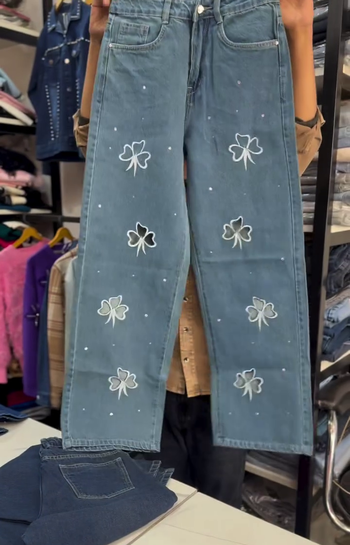 Dark Blue Wide-Leg Jeans with Bow Prints