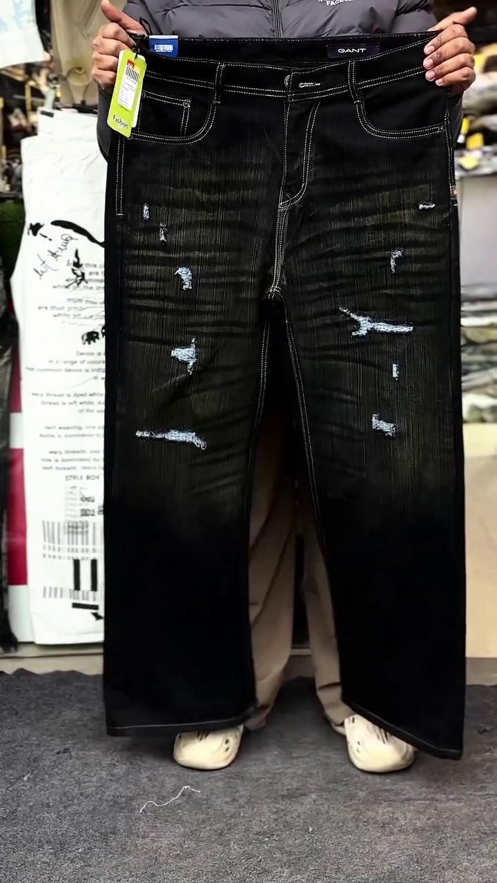 Black Distressed Wide-Leg Jeans