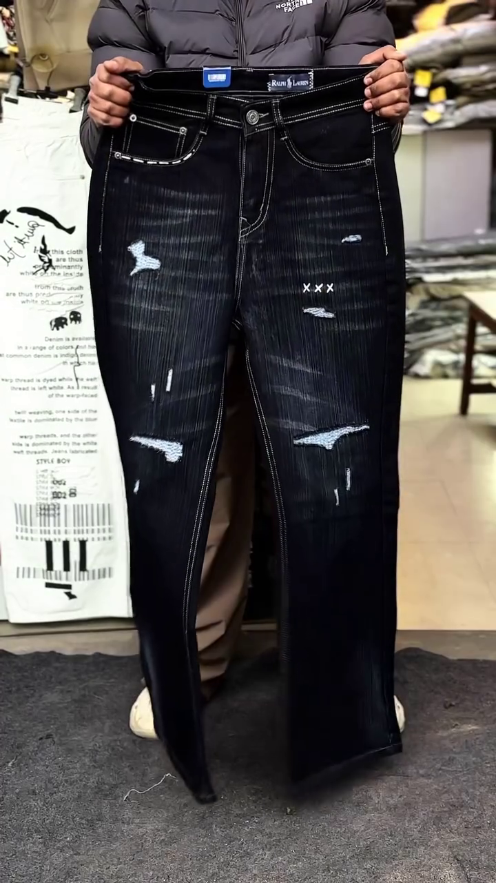 Black Distressed Wide-Leg Jeans