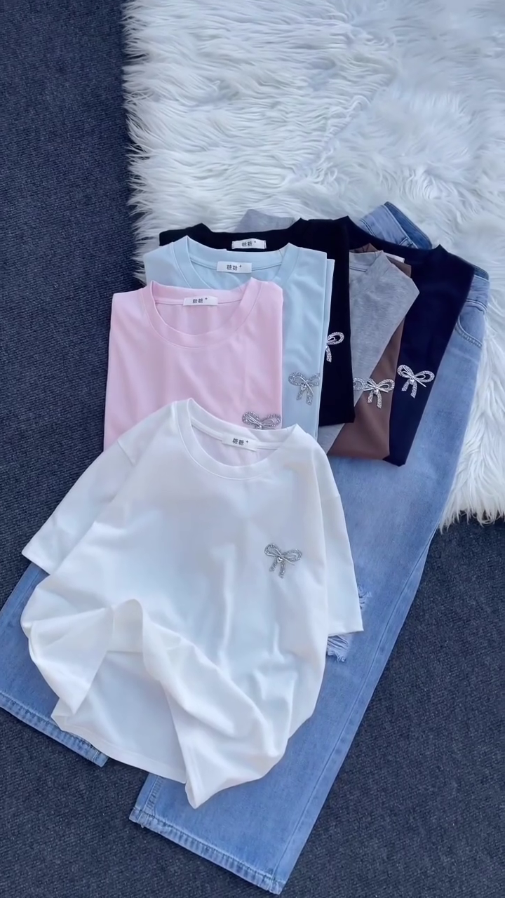 Bow Embellished Cotton T-Shirts