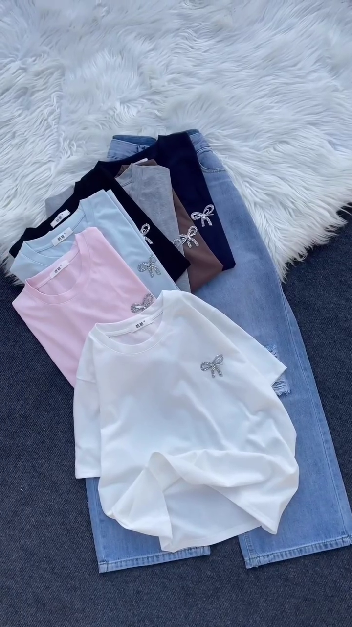 Bow Embellished Cotton T-Shirts