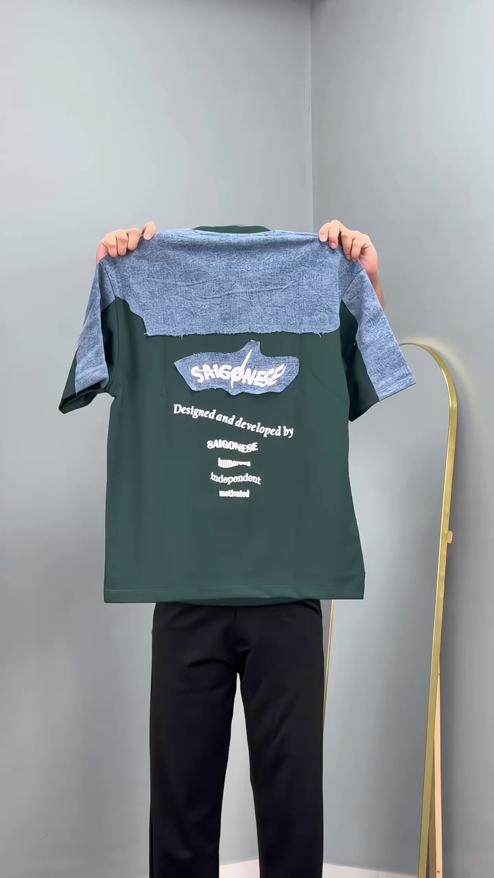 White T-Shirt with Denim Patch Design and Signature Back Print