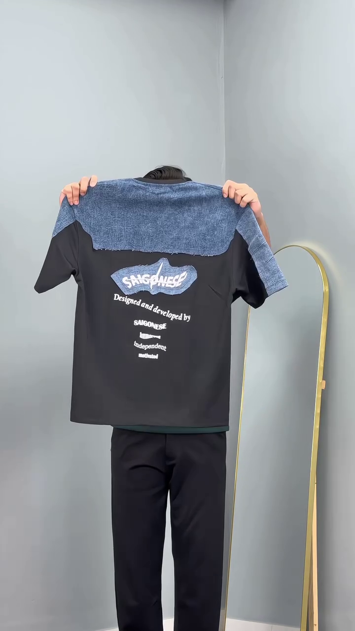 White T-Shirt with Denim Patch Design and Signature Back Print