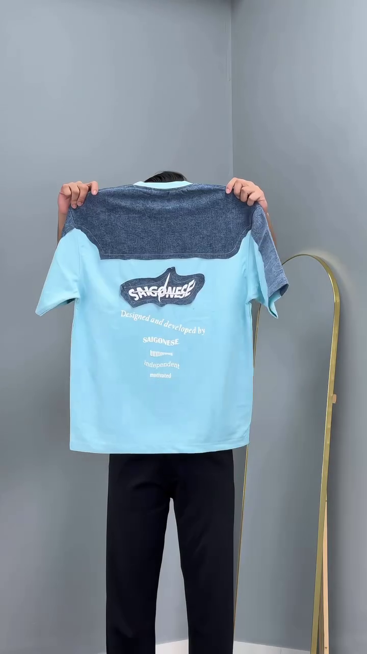 White T-Shirt with Denim Patch Design and Signature Back Print