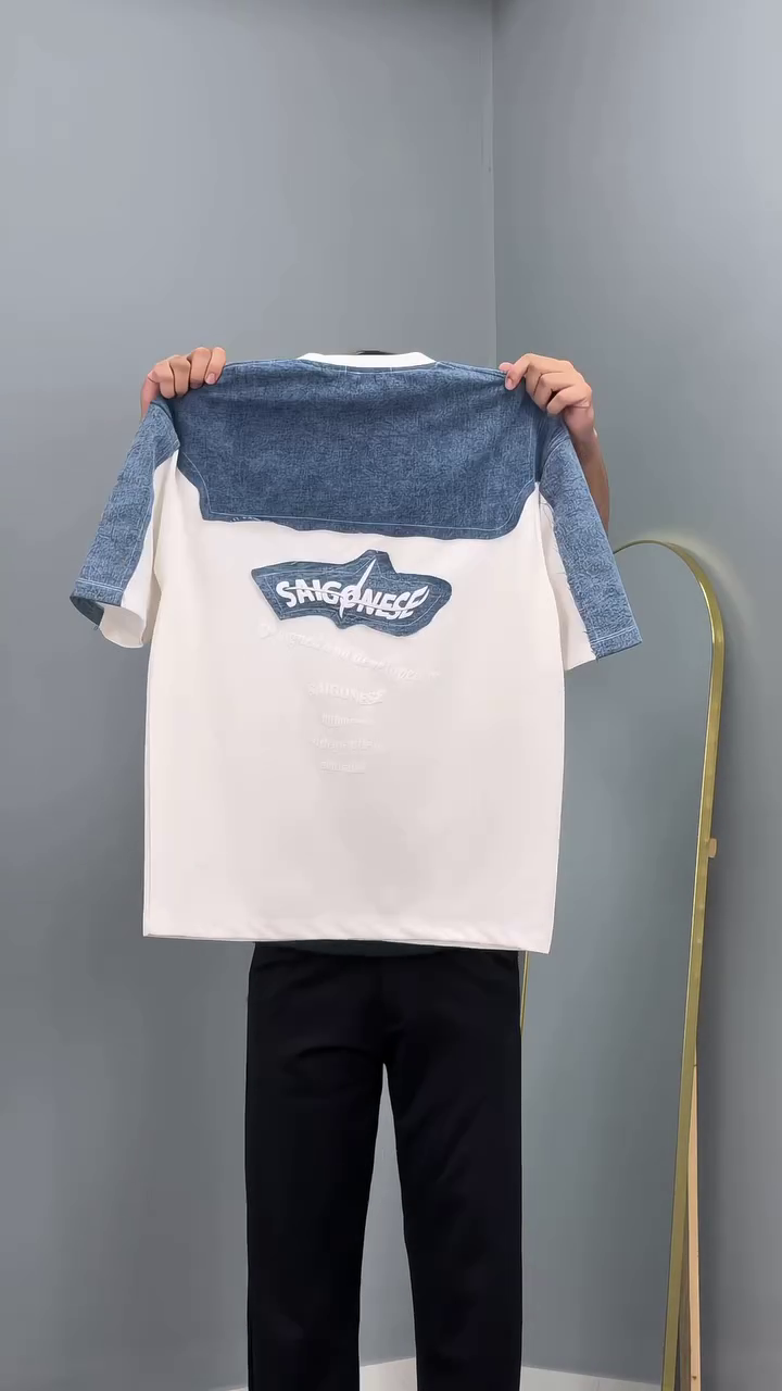 White T-Shirt with Denim Patch Design and Signature Back Print