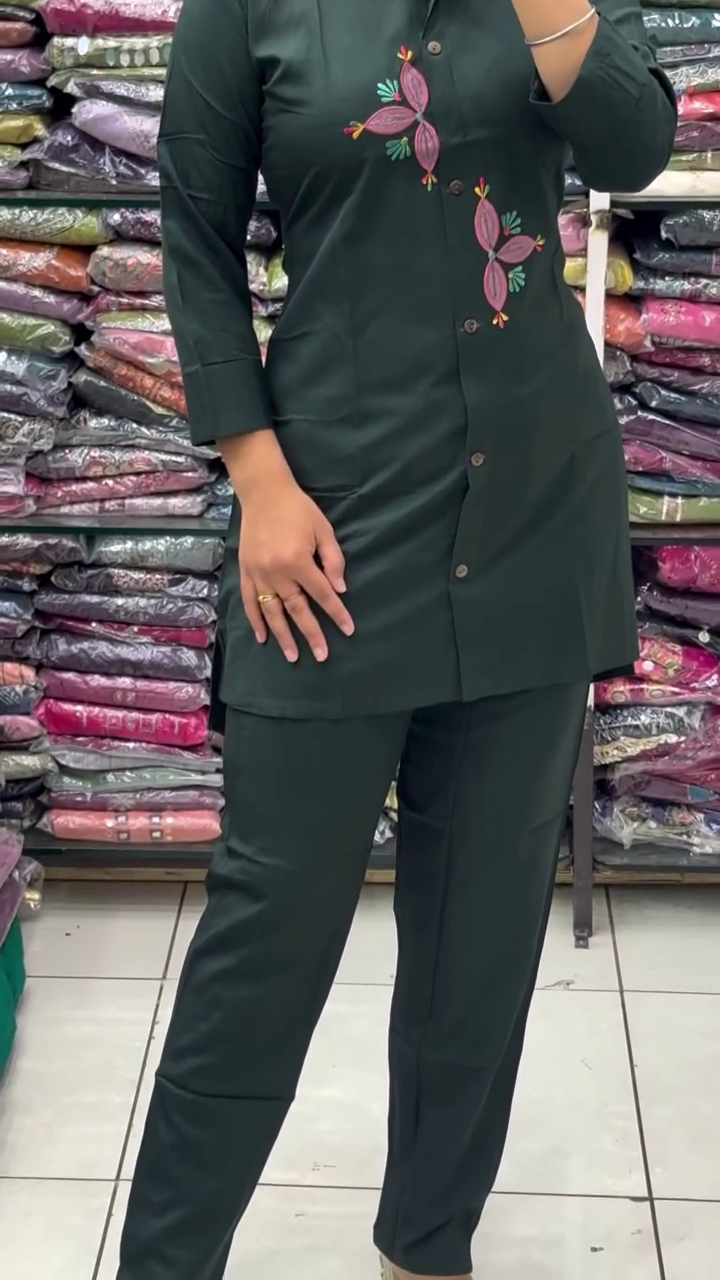 Stylish Dark Green Embroidered Co-Ord Set for Modern Women