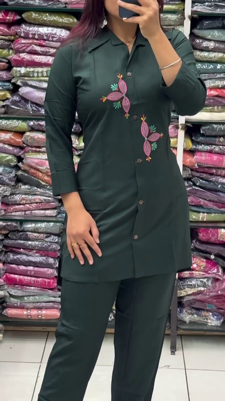 Stylish Dark Green Embroidered Co-Ord Set for Modern Women