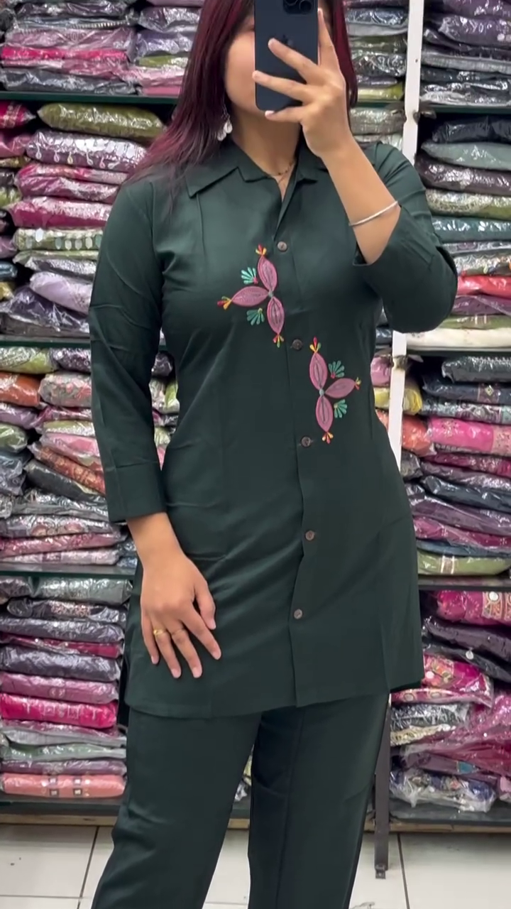 Stylish Dark Green Embroidered Co-Ord Set for Modern Women
