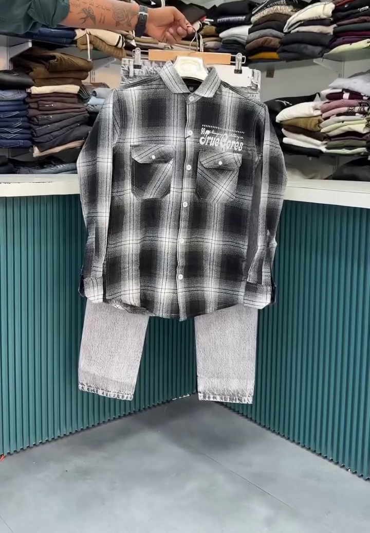 Black & White Check Shirt with White Pants