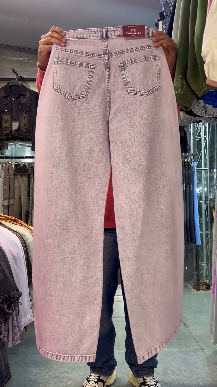 Pink Wide-Leg Distressed Jeans