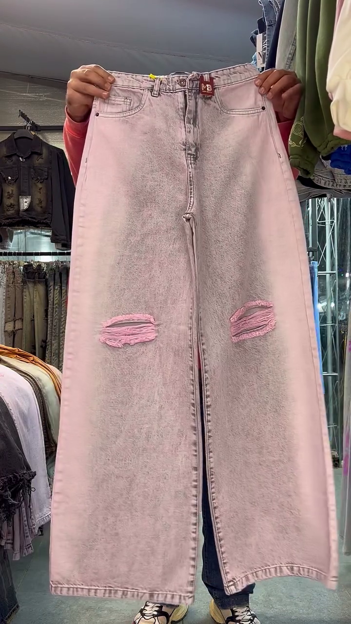 Pink Wide-Leg Distressed Jeans