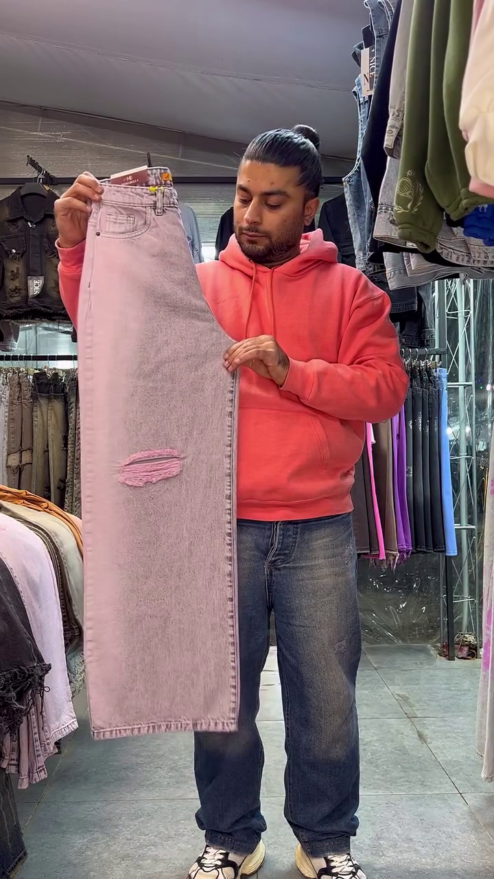 Pink Wide-Leg Distressed Jeans