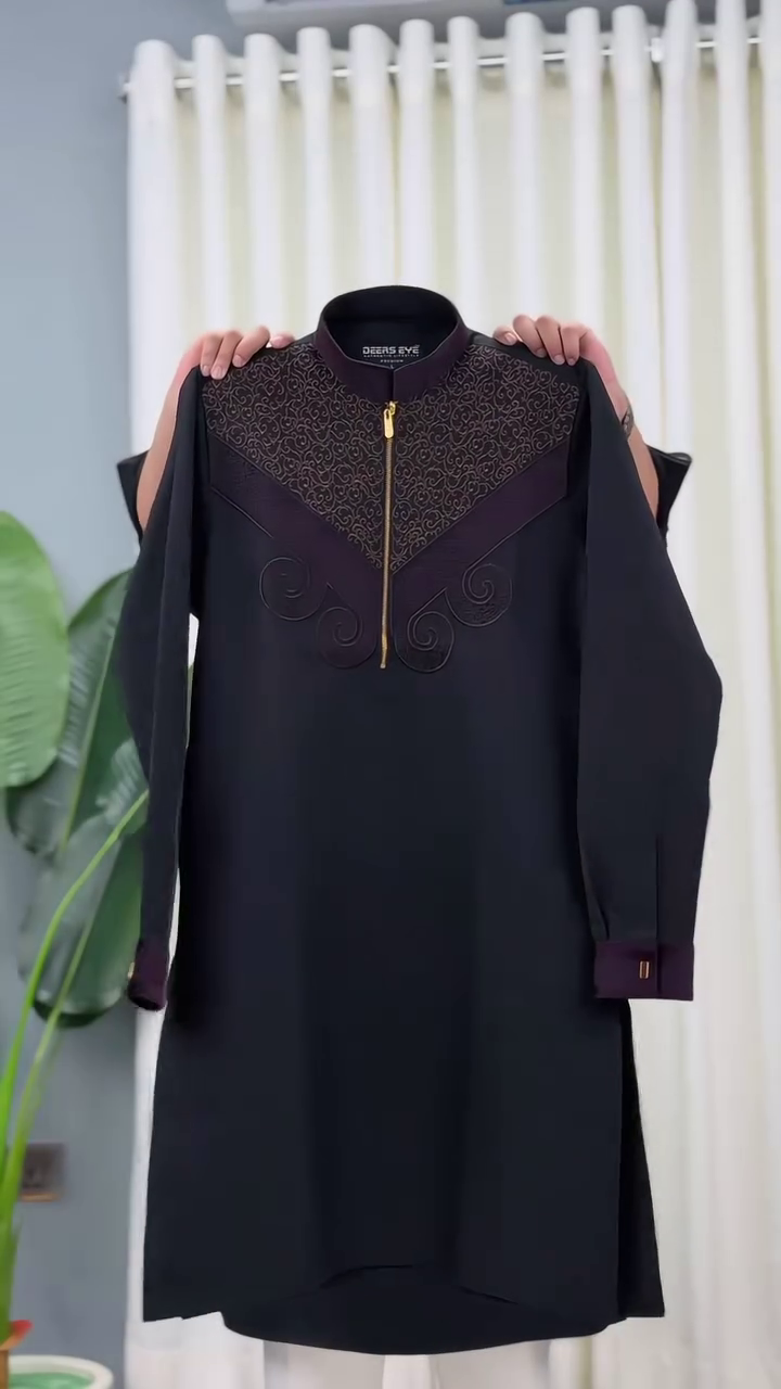 : Premium Navy Blue Kurta with Artistic Embroidery and Modern Zip Neck