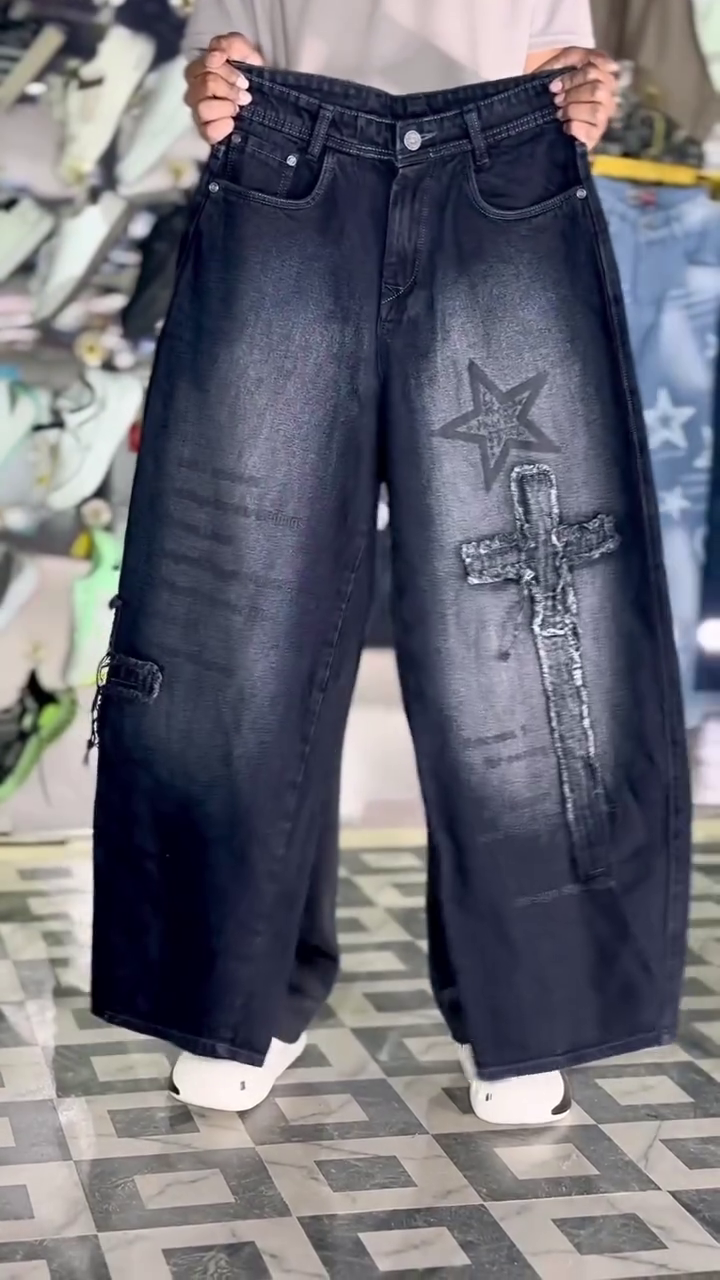 Stylish Light Blue Denim Jeans with Bold Eagle Graphic Design