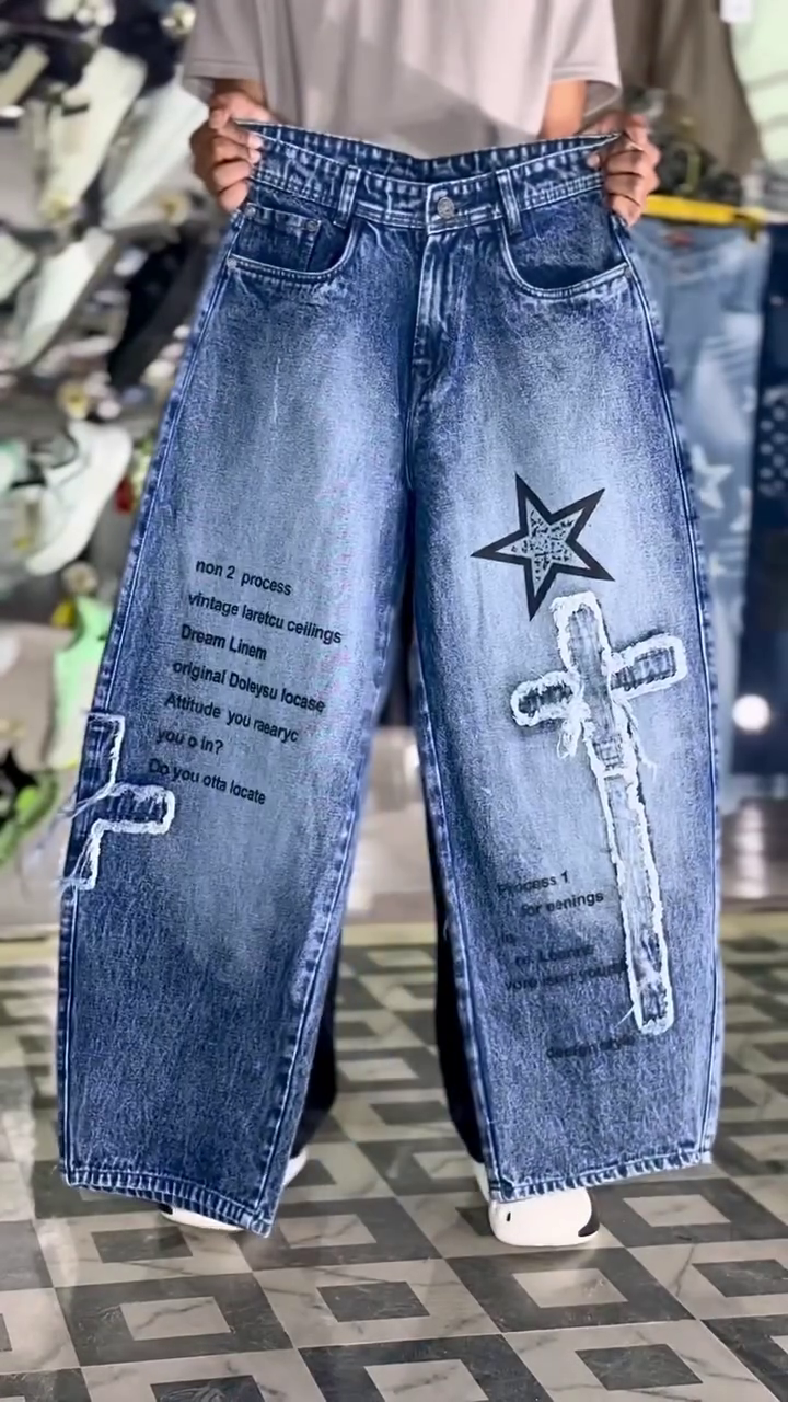 Stylish Light Blue Denim Jeans with Bold Eagle Graphic Design