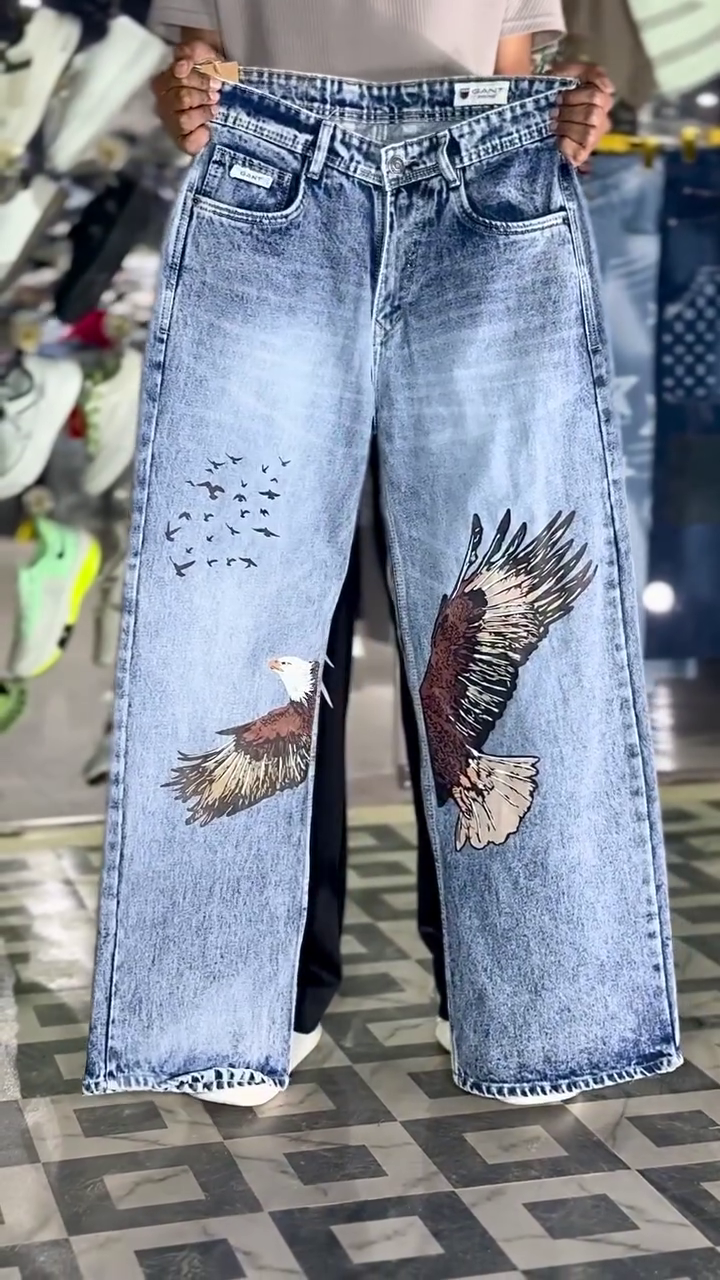 Stylish Light Blue Denim Jeans with Bold Eagle Graphic Design