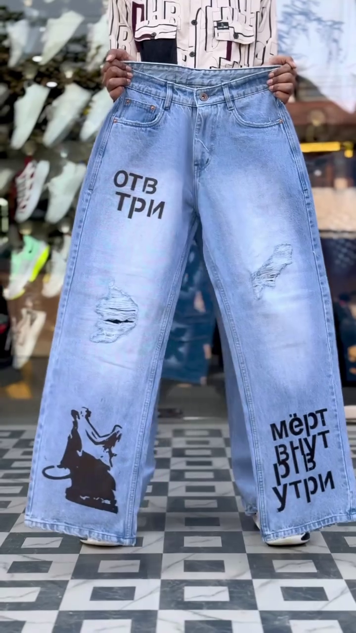 Modern Light Blue Graphic Denim Jeans with Bold Streetwear Aesthetic
