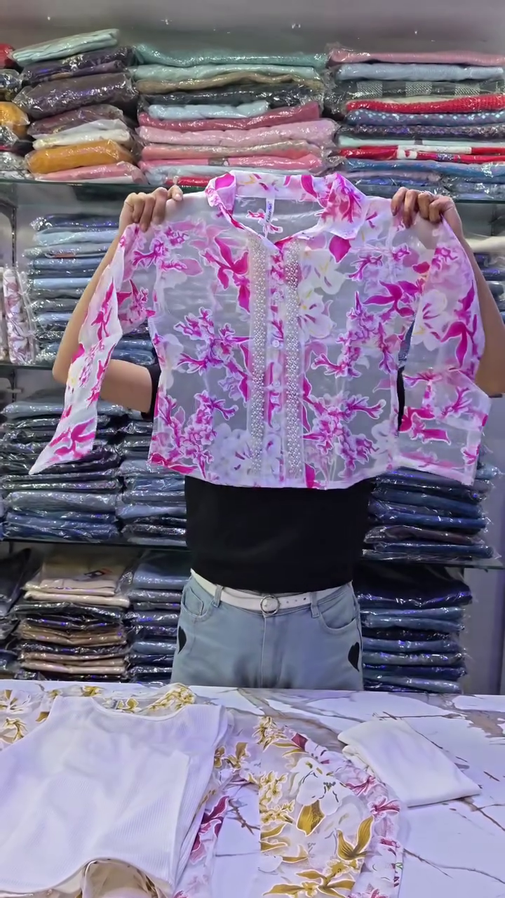 Elegant Pink Floral Printed Sheer Crop Top with Feminine Contemporary Style