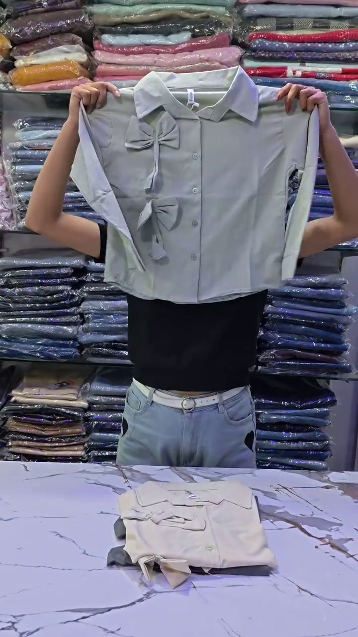 Chic Light Grey Button-Down Crop Shirt with Stylish Bow Accent Design