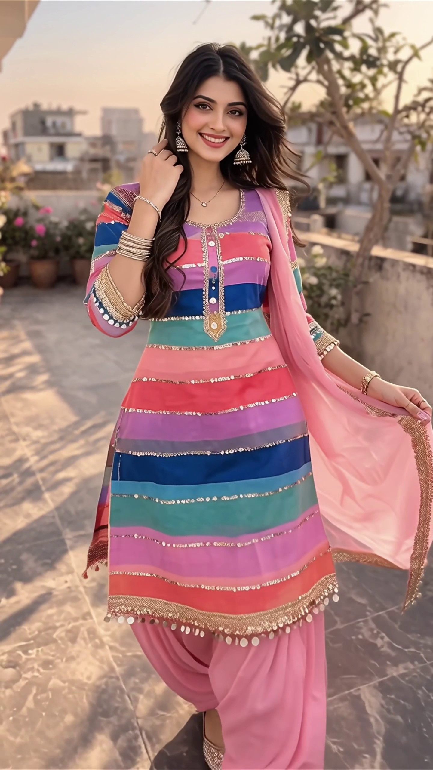 Vibrant Multicolor Salwar Suit with Elegant Pink Dupatta