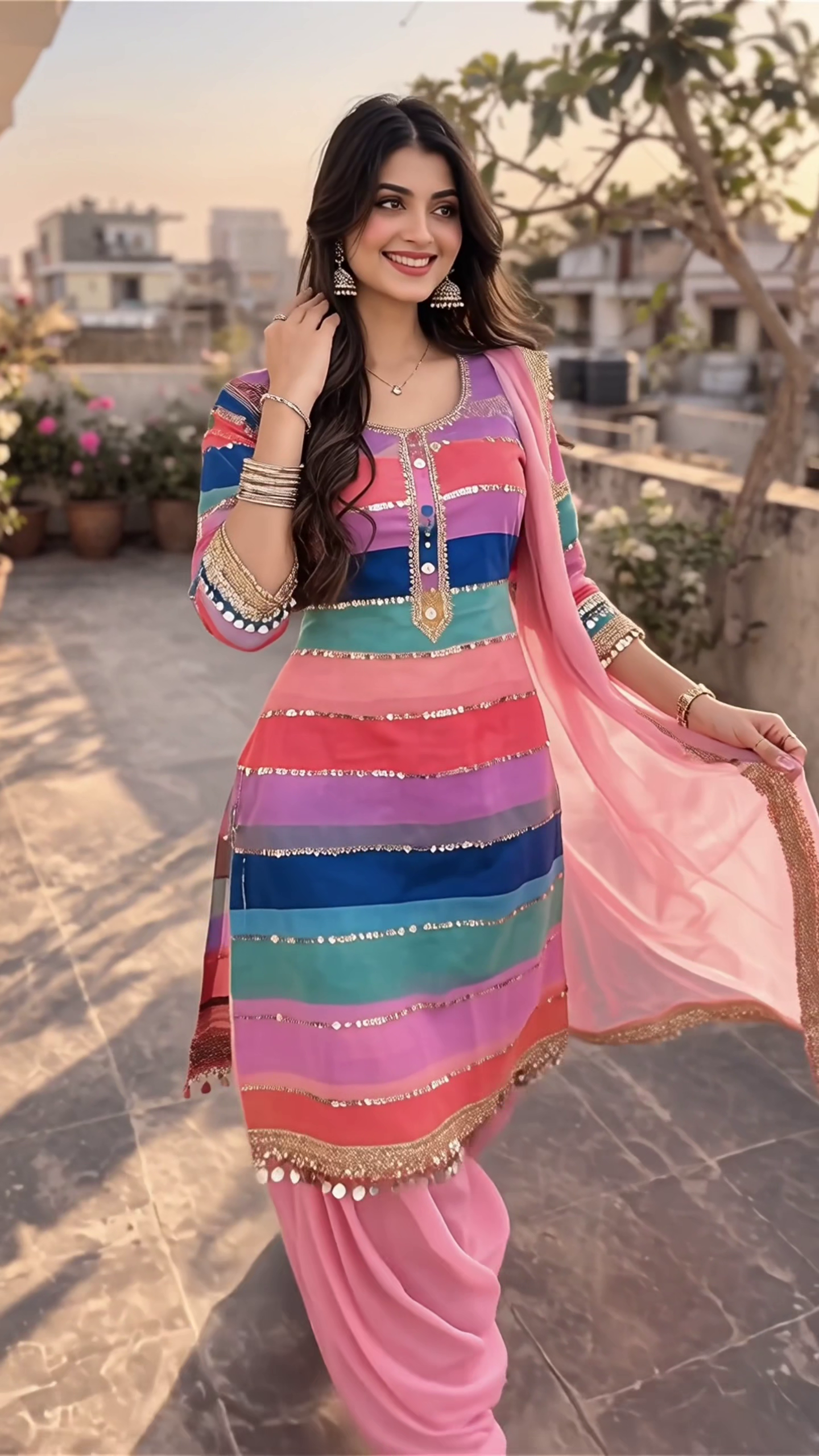 Vibrant Multicolor Salwar Suit with Elegant Pink Dupatta