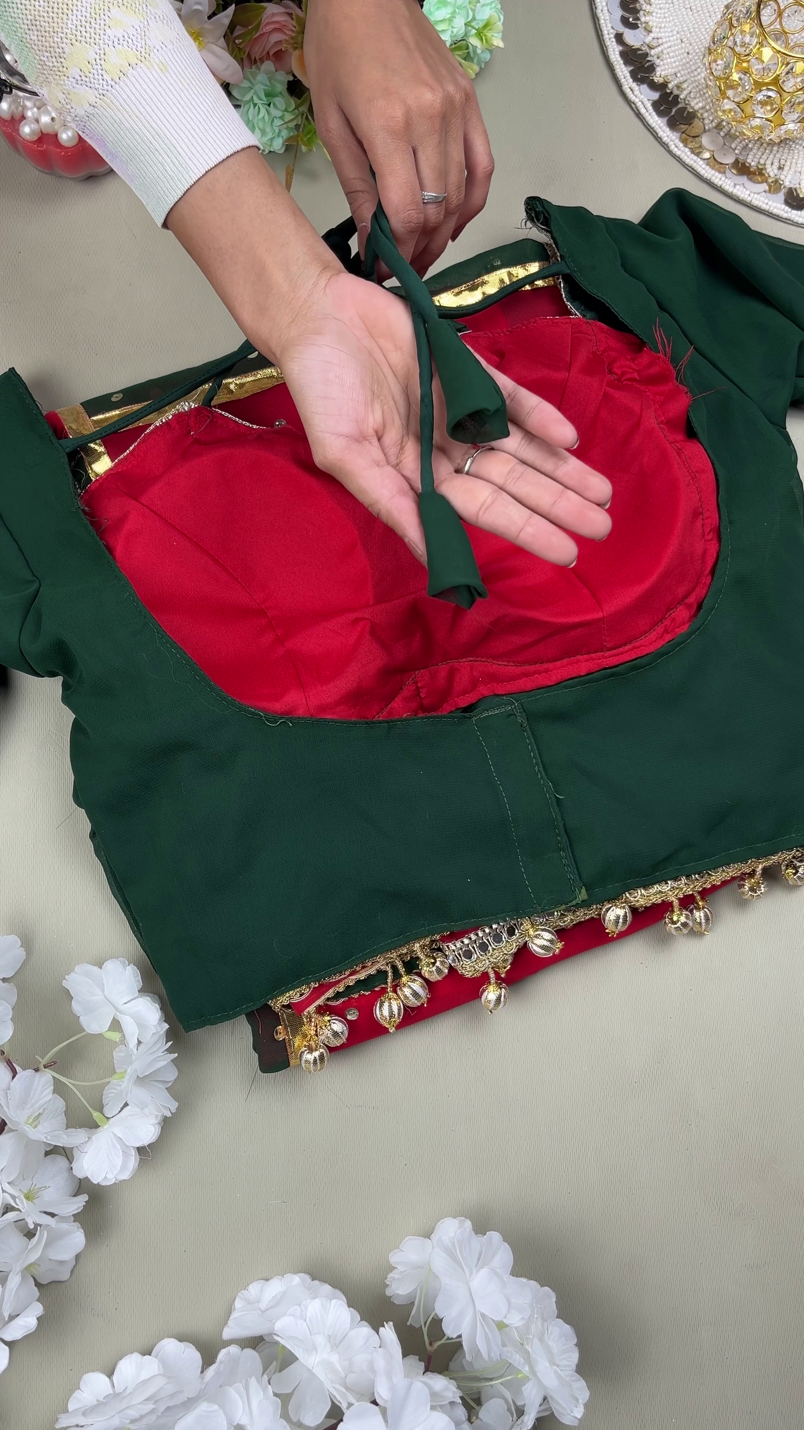 Traditional Green and Red Blouse with Premium Decorative Detailing