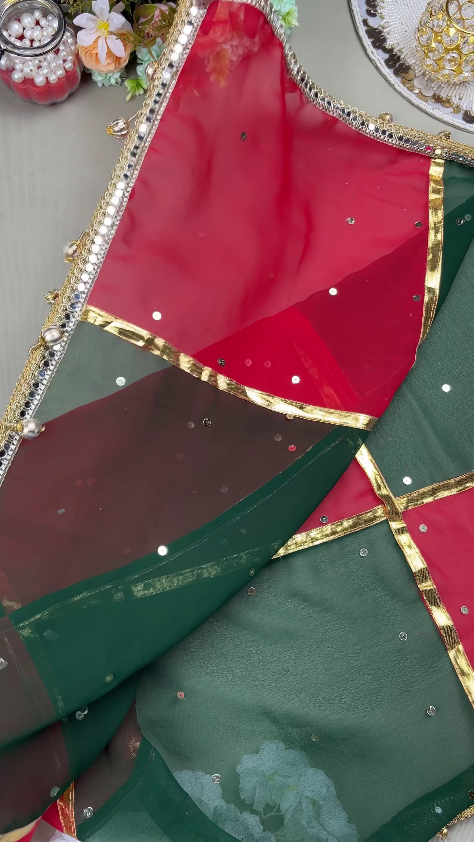 Traditional Green and Red Blouse with Premium Decorative Detailing